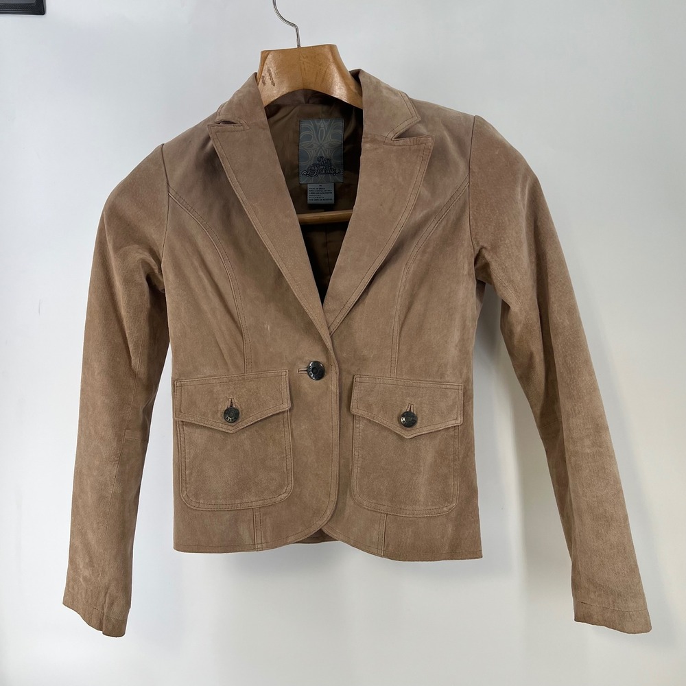 BB Dakota Suede Leather Blazer Womens M Taupe Brown Y2K Fitted Jacket - Picture 3 of 8